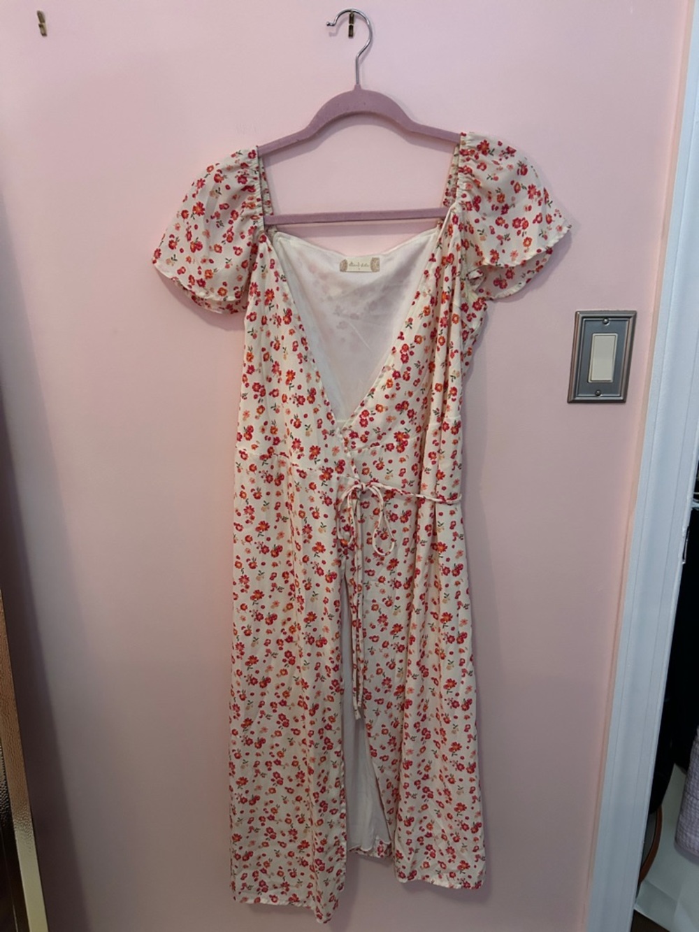 Floral wrap Tie-Waist Midi Dress in Cream with Red Floral Print